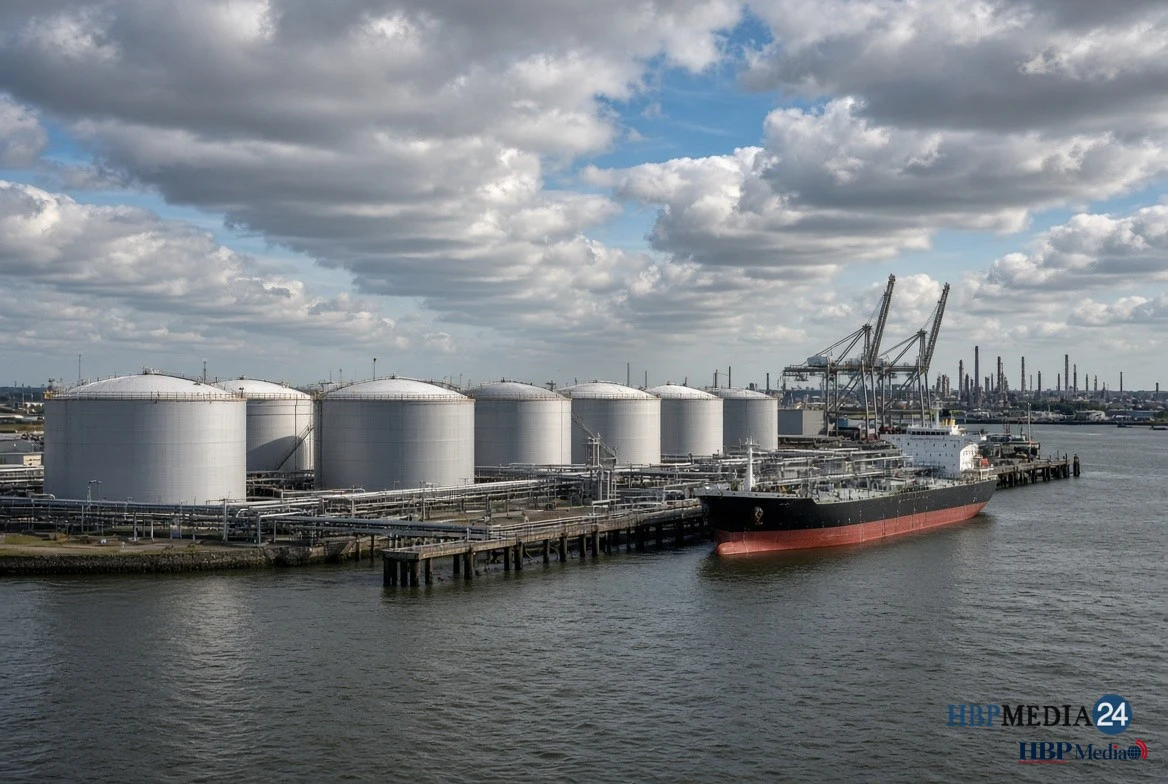 Een opslagterrein met olietanks van de strategische olievoorraad