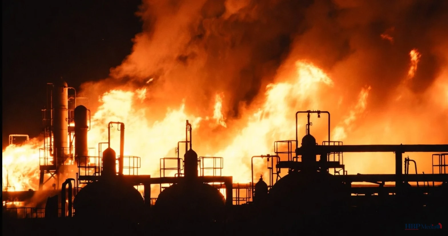 Rook boven de olieraffinaderij van Tuapse aan de Zwarte Zee na een grote brand
