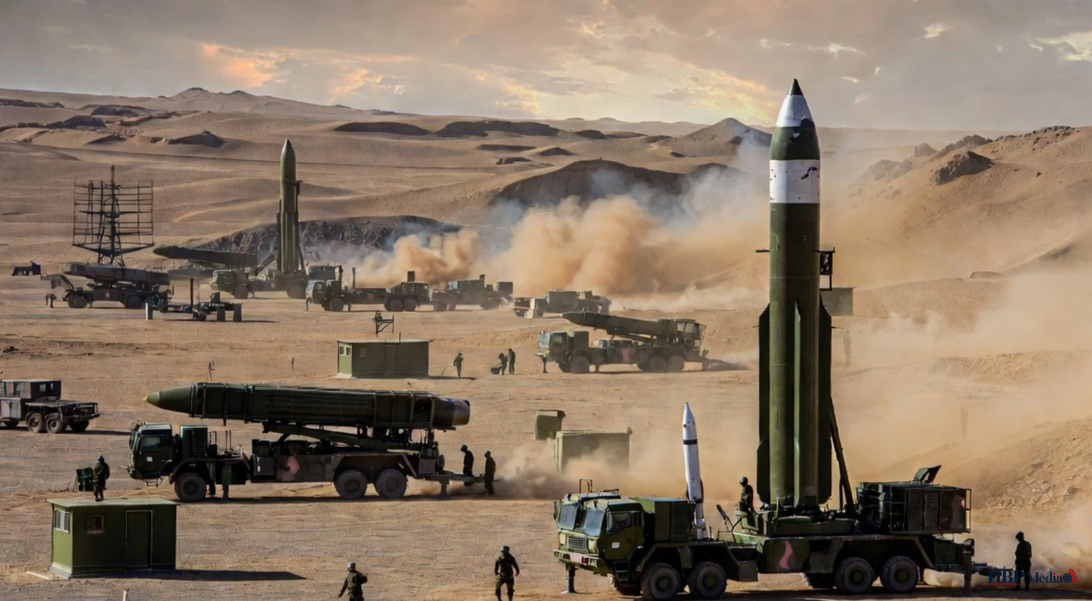 Iraanse raketlanceerinstallatie tijdens militaire oefening in woestijngebied.