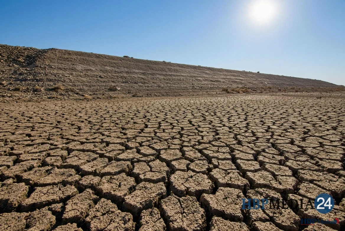 Droge, gebarsten grond langs een dijk tijdens aanhoudende droogte
