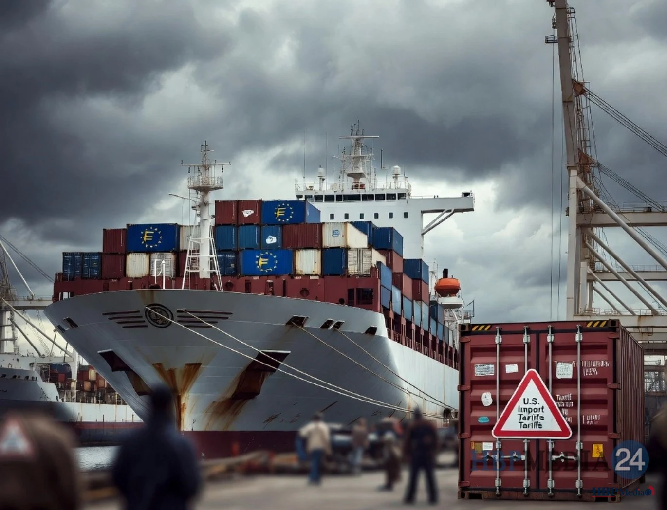 Vrachtschip in haven als symbool voor Europese export die wordt geraakt door Amerikaanse importtarieven.