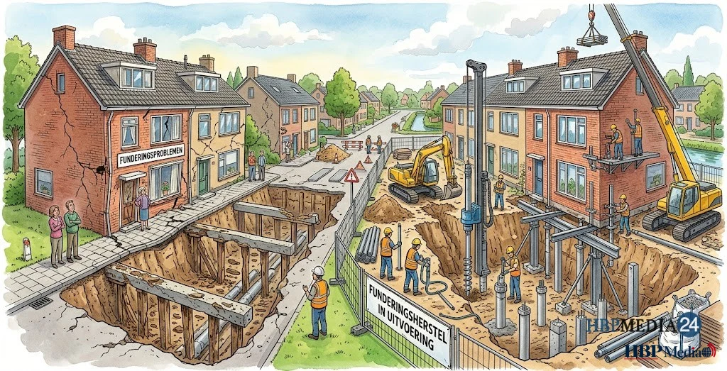 Illustratie van woningen met funderingsproblemen en herstelwerkzaamheden