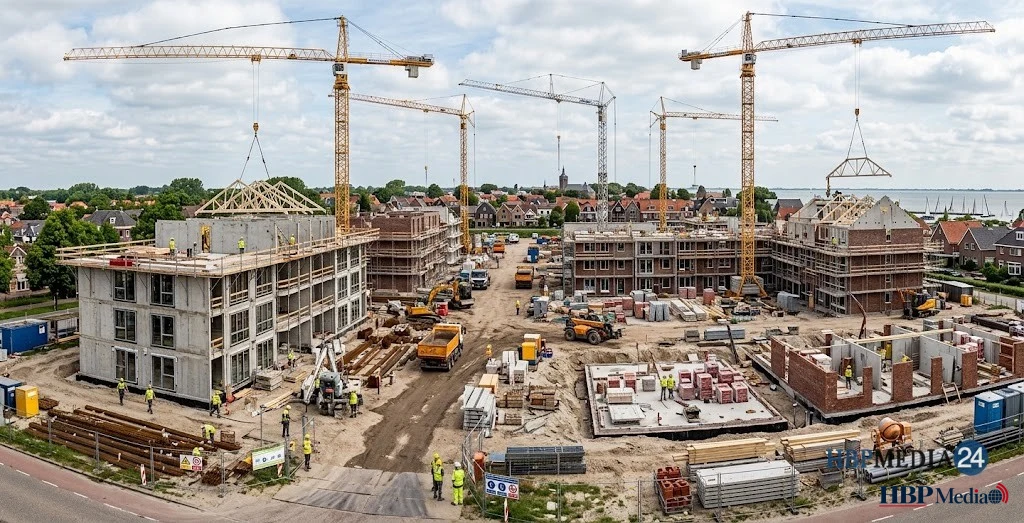 Een grote bouwplaats waar nieuwe woningen worden gebouwd met bouwkranen.