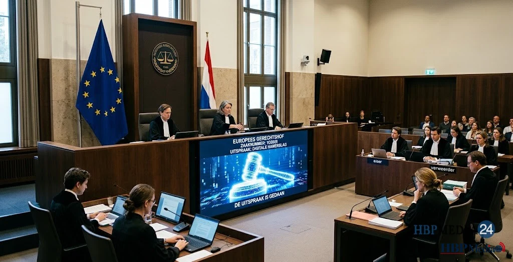 Digitale hamer en Europese vlag bij een rechtszaak