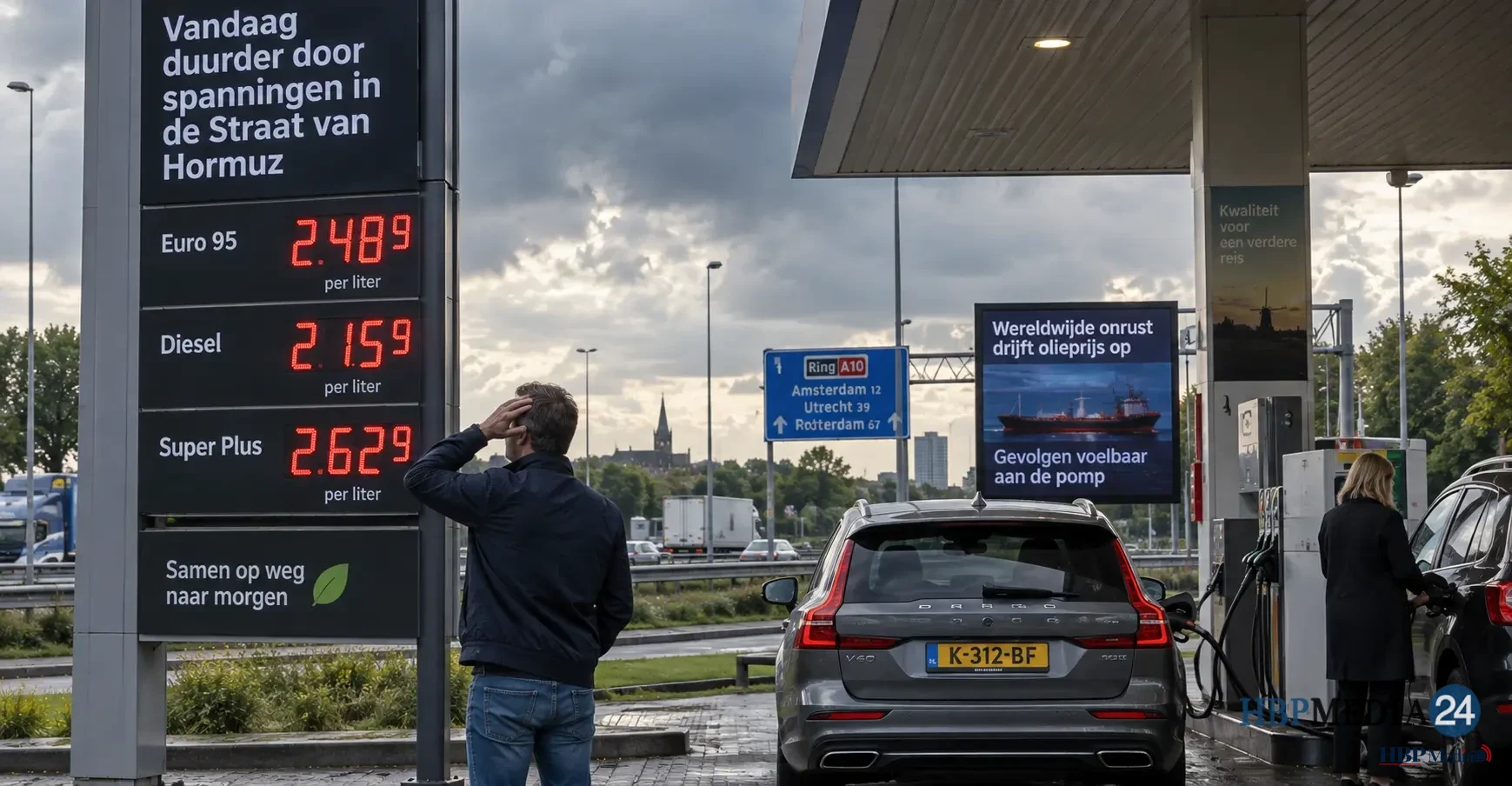 Benzinepomp met hoge brandstofprijzen door spanningen rond de Straat van Hormuz