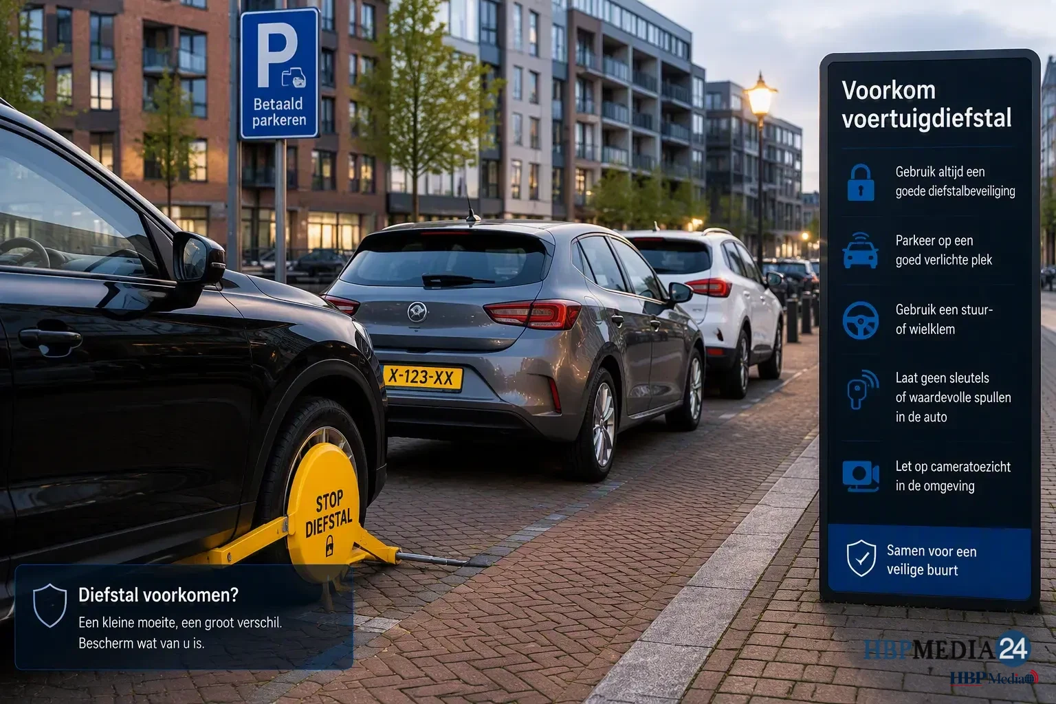 Geparkeerde auto's in een stedelijke omgeving met aandacht voor voertuigbeveiliging en diefstalpreventie.