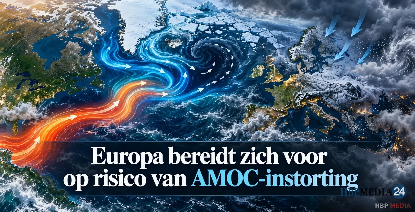 Atlantische Oceaanstroming AMOC die bij sterke verzwakking grote gevolgen kan hebben voor het Europese klimaat.