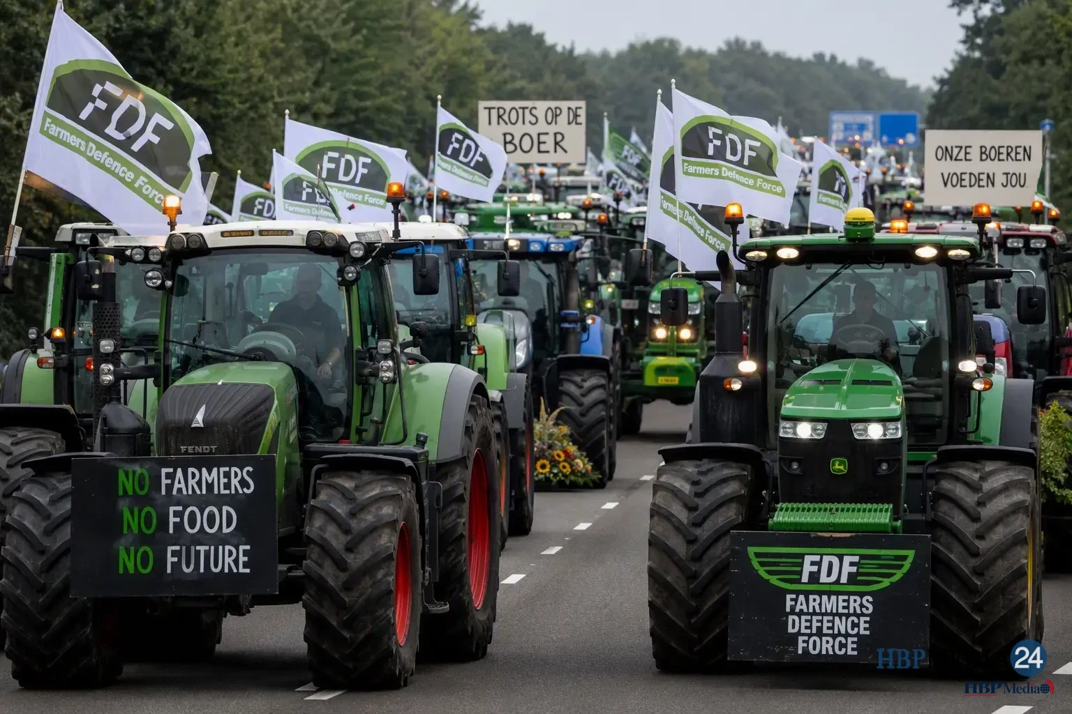 Tractoren van Farmers Defence Force tijdens een boerenprotest