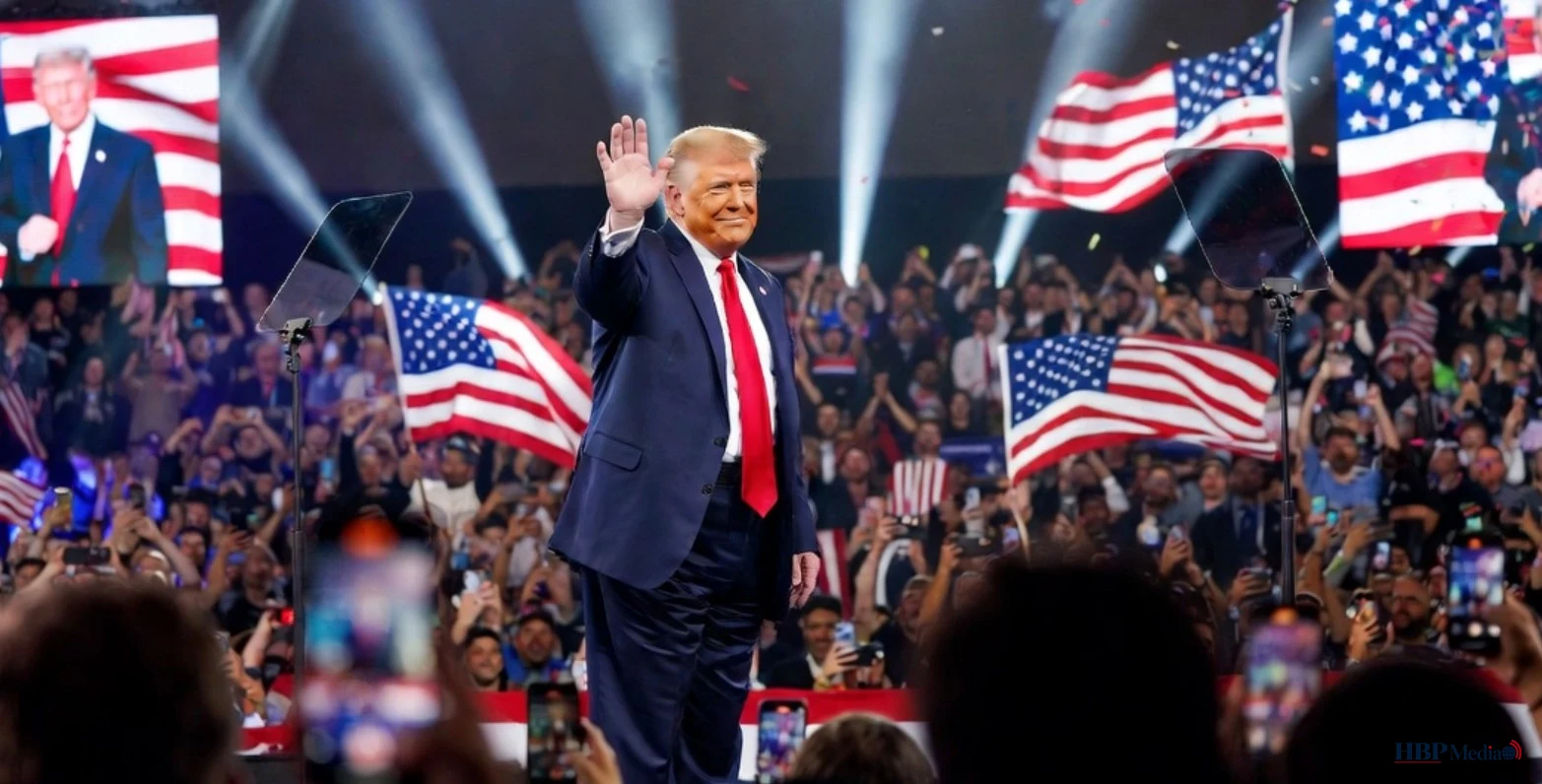 Donald Trump tijdens een campagnebijeenkomst, met op de achtergrond symbolen van Amerikaanse verkiezingen