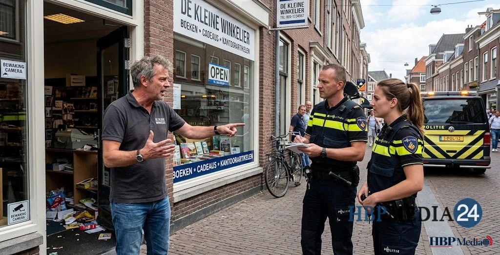 Gefrustreerde ondernemer in gesprek met de politie na een winkeldiefstal.