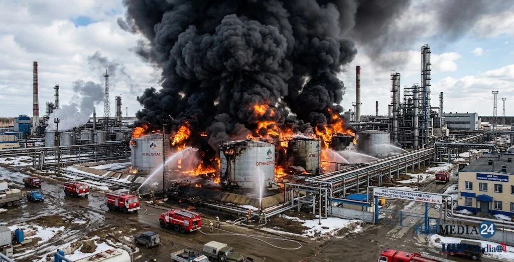 Brandende opslagtanks en leidingen bij een olieraffinaderij voor de productie van brandstoffen in Rusland