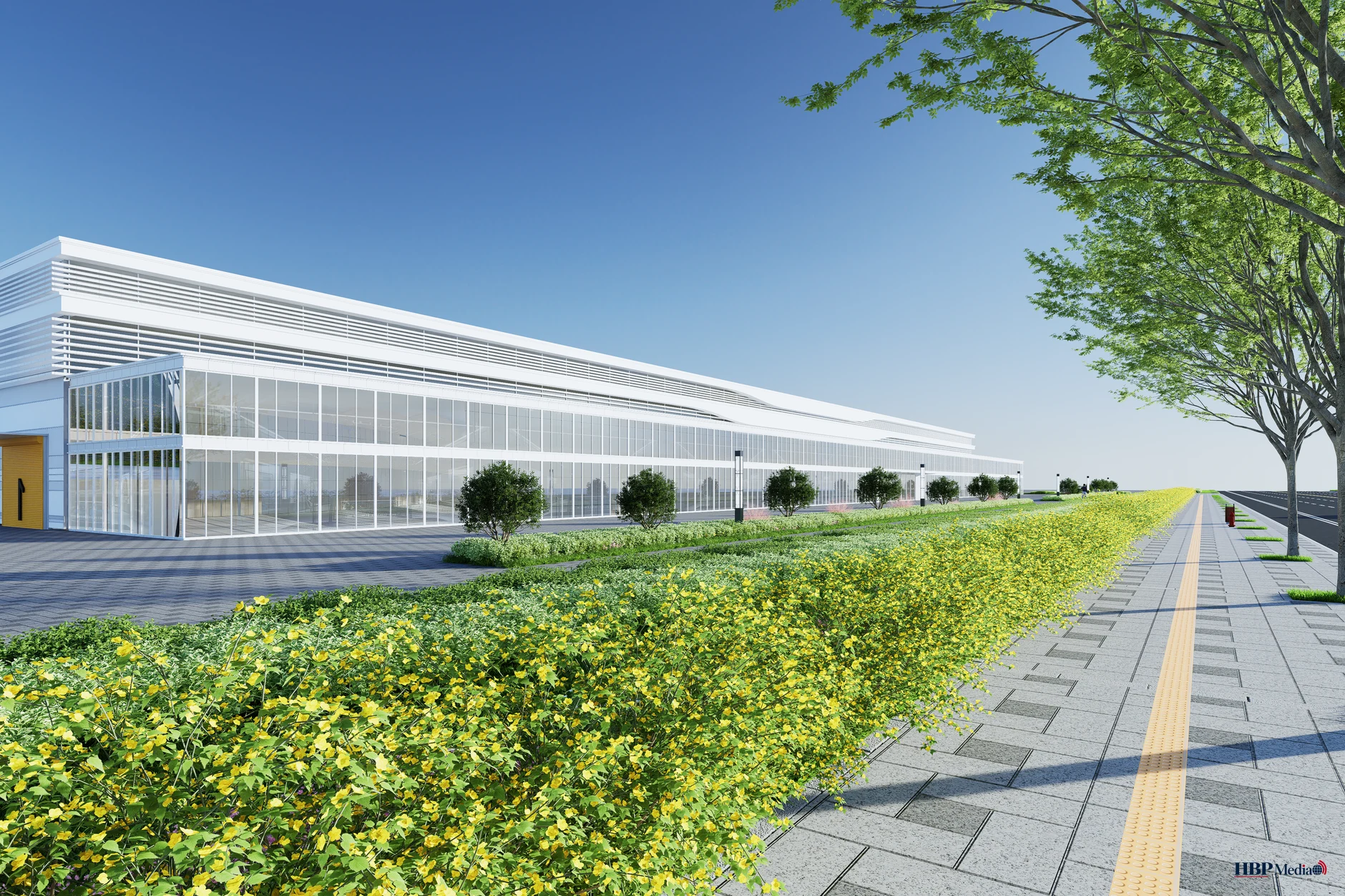 modern industrial building with green walkway