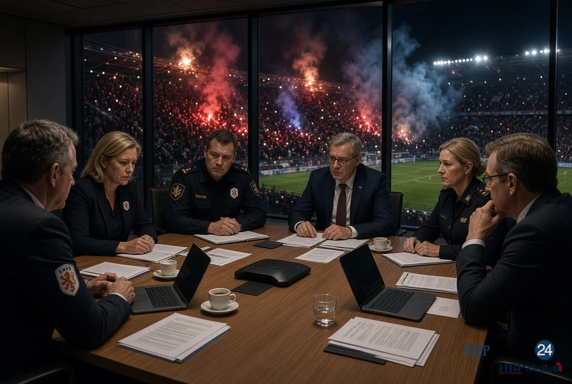 Vertegerswoordigers van KNVB, politie en overheid tijdens de crisisbijeenkomst over voetbalveiligheid