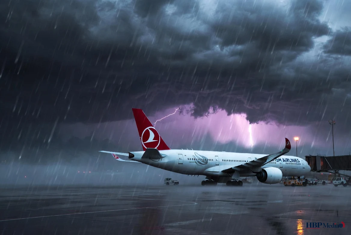 Vliegtuig van Turkish Airlines op een luchthaven bij slecht weer