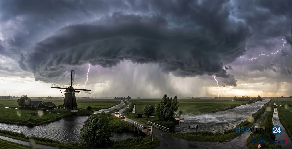 Dreigende onweerswolken boven Nederland met kans op zware regen, hagel en windstoten.
