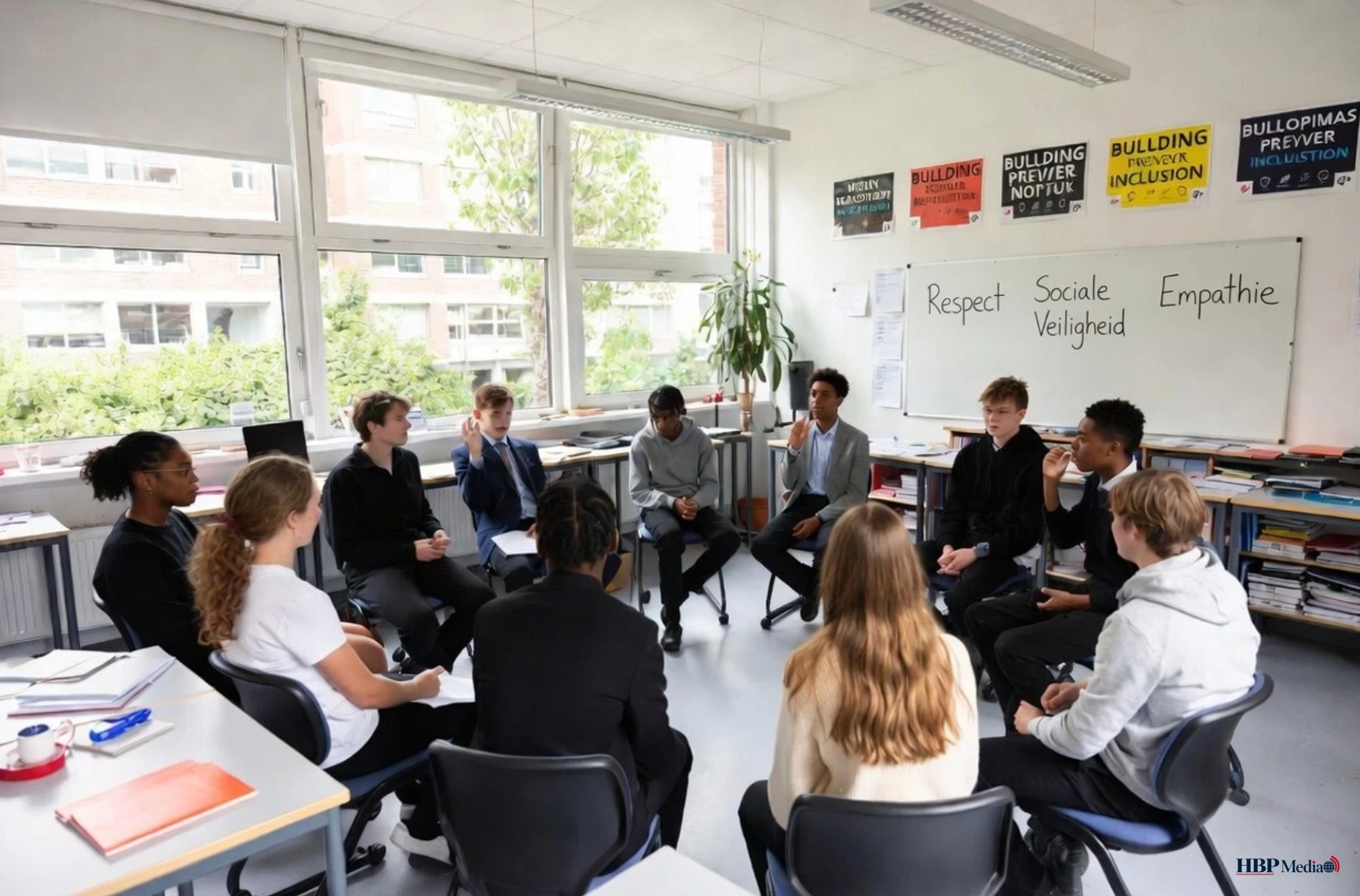 Leerlingen in een klaslokaal tijdens een gesprek over sociale veiligheid en respectvol gedrag.