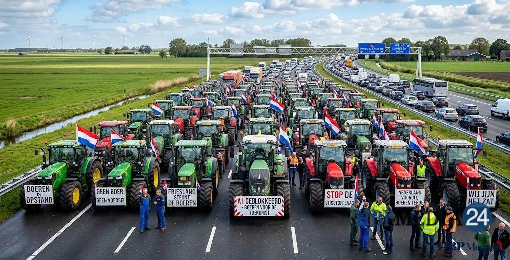 Tractoren blokkeren een Nederlandse snelweg tijdens een boerenprotest.