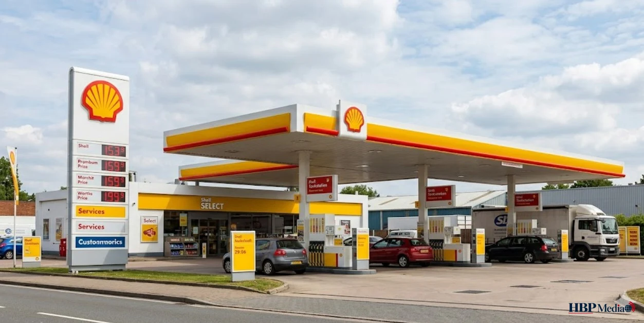 Shell-logo bij een tankstation, symbool voor olie- en gasconcern Shell