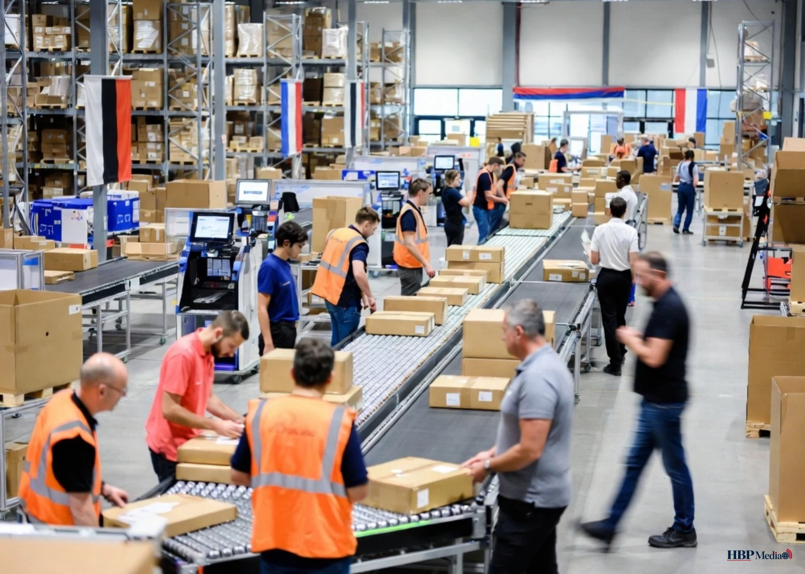 Medewerkers sorteren pakketten aan de lopende band in een Nederlands distributiecentrum.