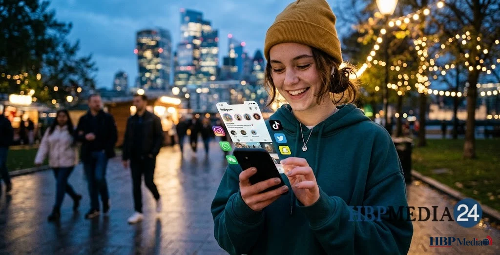 Jongere gebruikt een smartphone met sociale media-apps op het scherm