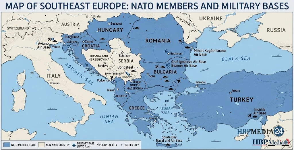 Kaart van Zuidoost-Europa met NAVO-lidstaten en militaire bases.