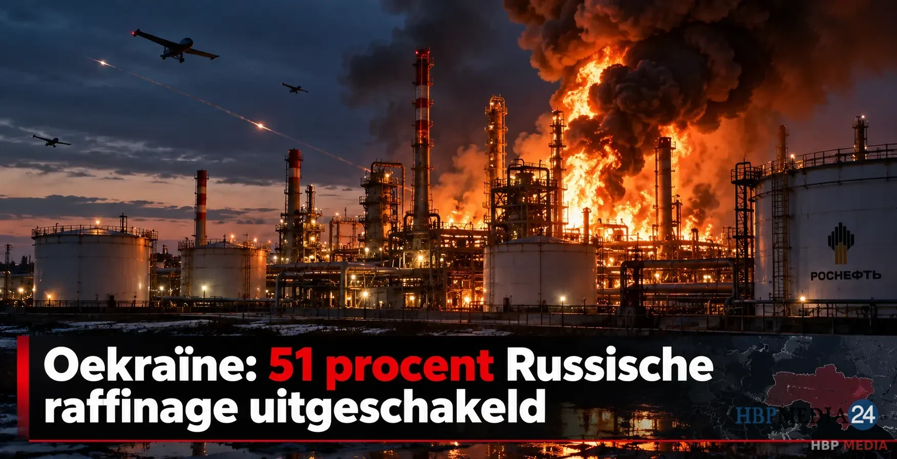Brandende Russische olieraffinaderij na Oekraïense langeafstandsaanval