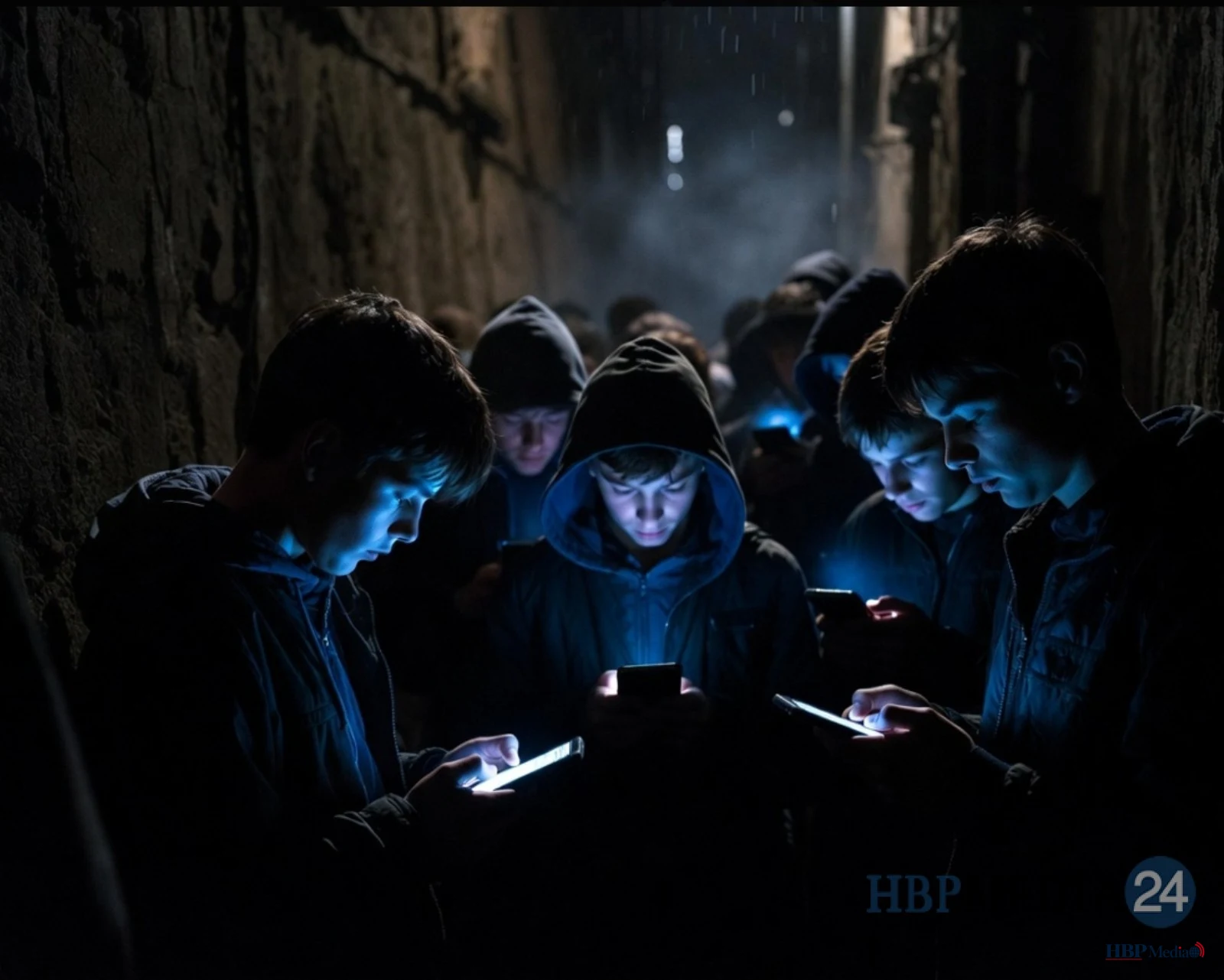 Jongeren met capuchons op kijken in het donker op hun mobiele telefoon in een steeg.
