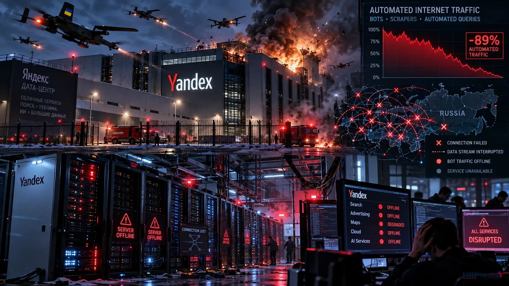 Oekraïense droneaanvallen op Russische Yandex-datacenters veroorzaken uitval van servers en geautomatiseerd internetverkeer.