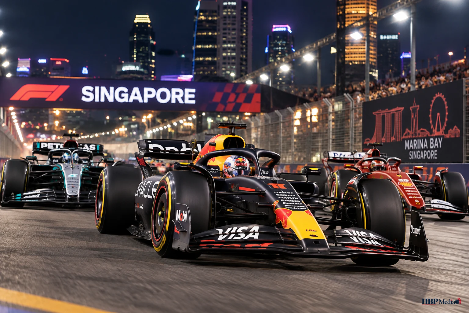 Max Verstappen in zijn Red Bull tijdens de sprintkwalificatie voor de Grand Prix van Singapore op het Marina Bay Circuit.