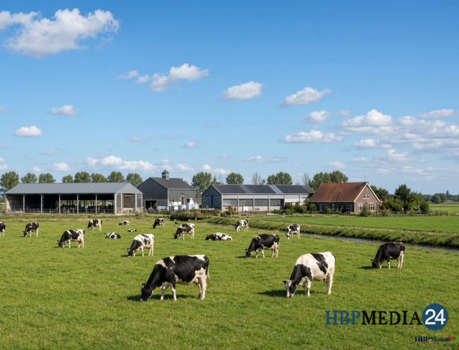 Een melkveehouderij met stallen op het platteland, symbool voor de stikstofsanering en Lbv-subsidie.