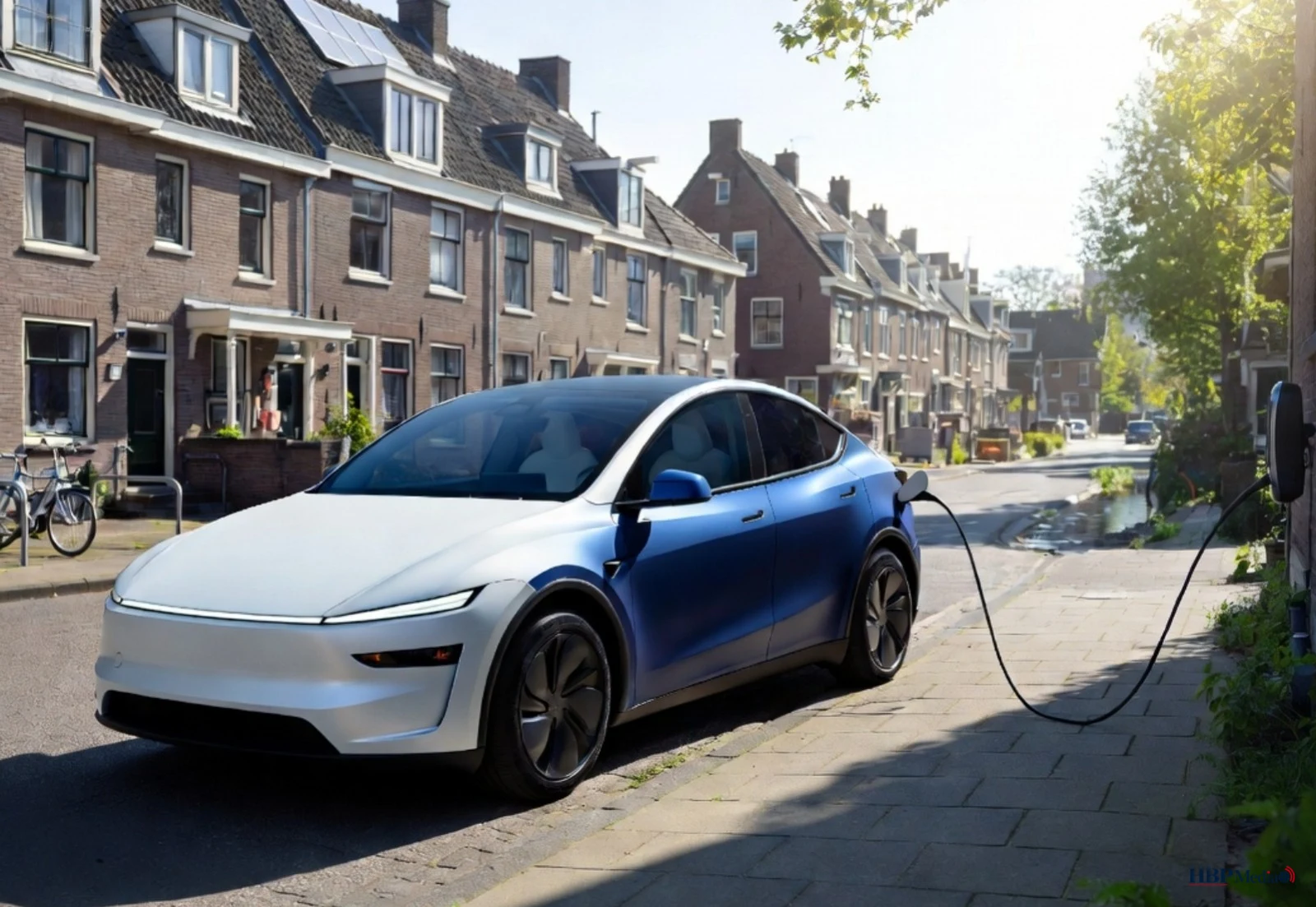 Een elektrische auto aan een laadpaal in een Nederlandse woonwijk, symbolisch voor de transitie naar goedkoper elektrisch rijden.