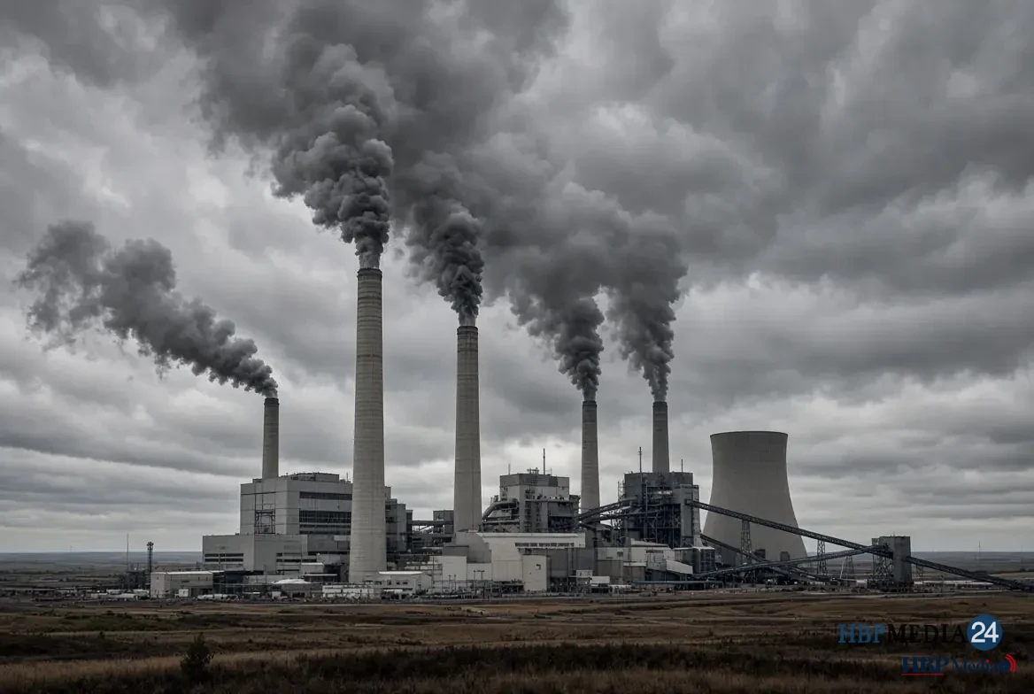 Amerikaanse kolencentrale die rook uitstoot onder een bewolkte lucht