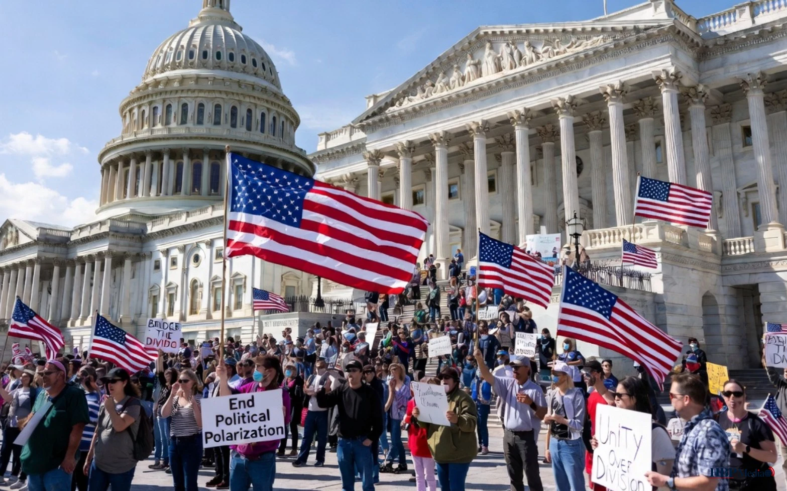 Demonstranten met Amerikaanse vlaggen bij een protest tegen politieke polarisatie voor het Capitool in Washington.