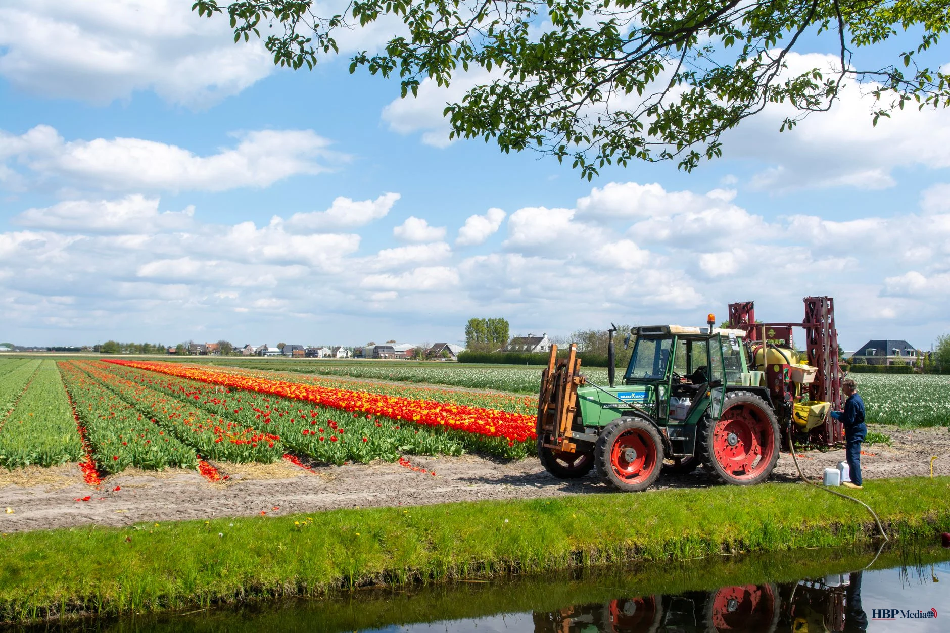 farmer with tractor by field with flowers