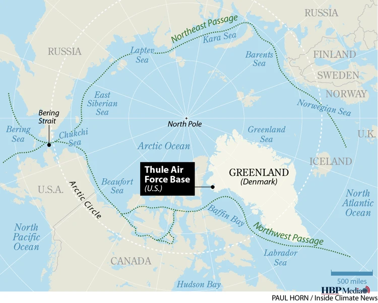 Kaart van Groenland en NAVO-landen in het Noordpoolgebied met focus op geopolitieke spanningen