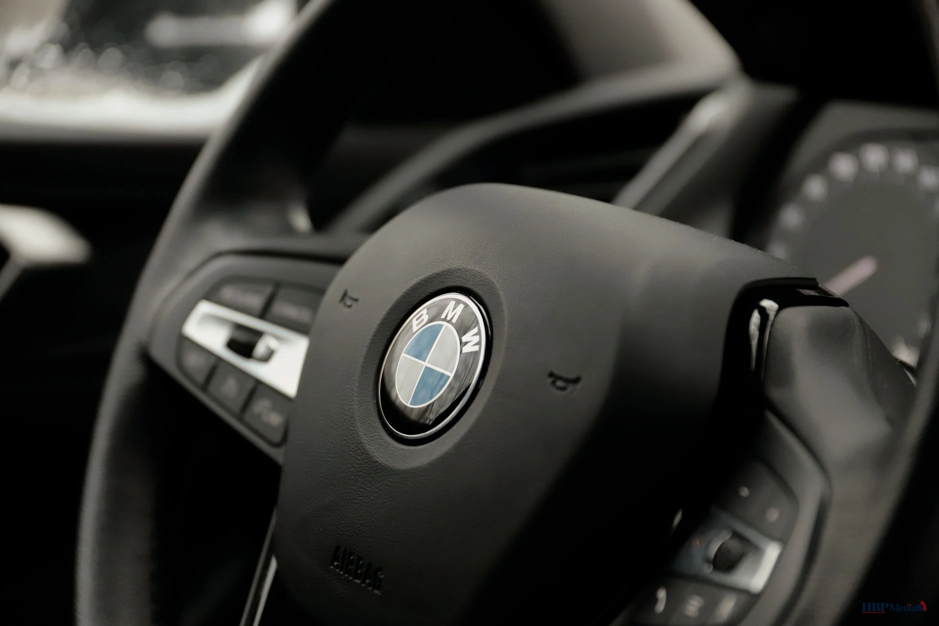 close up view of bmw steering wheel interior