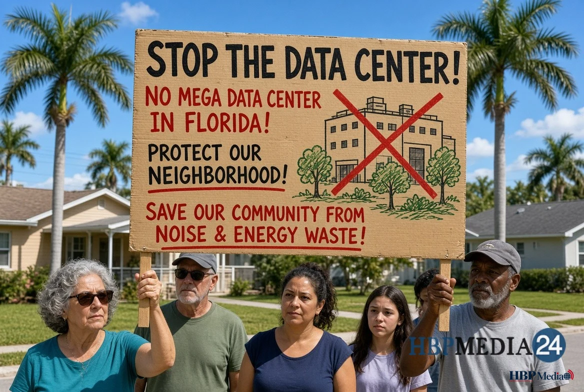 Protestbord van omwonenden tegen de bouw van een nieuw groot datacenter in de staat Florida.