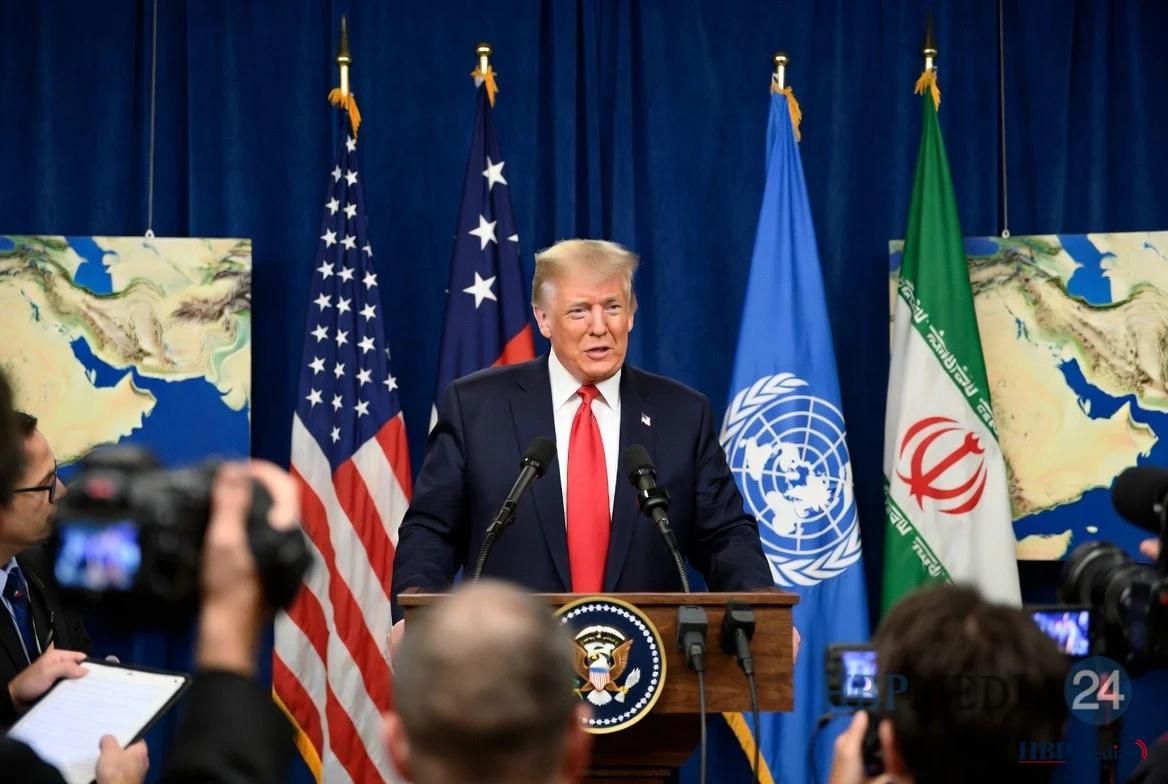 Donald Trump tijdens een internationale persconferentie over het conflict met Iran en de stijgende olieprijzen.
