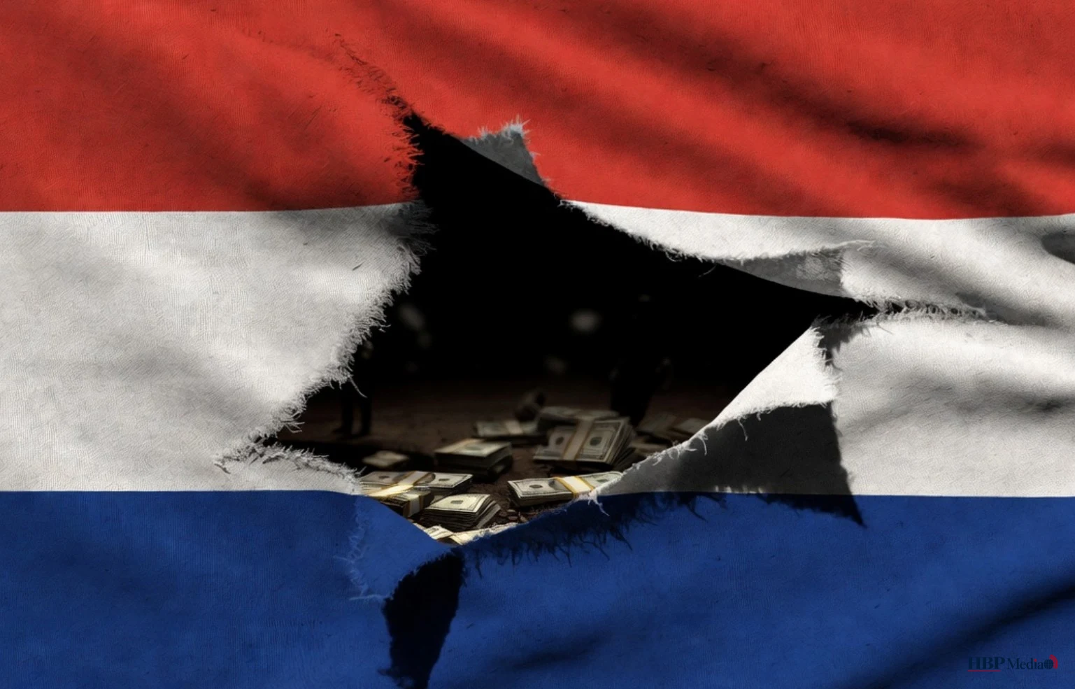 Scheur in Nederlandse vlag symboliseert dreiging van ondermijning door georganiseerde criminaliteit.