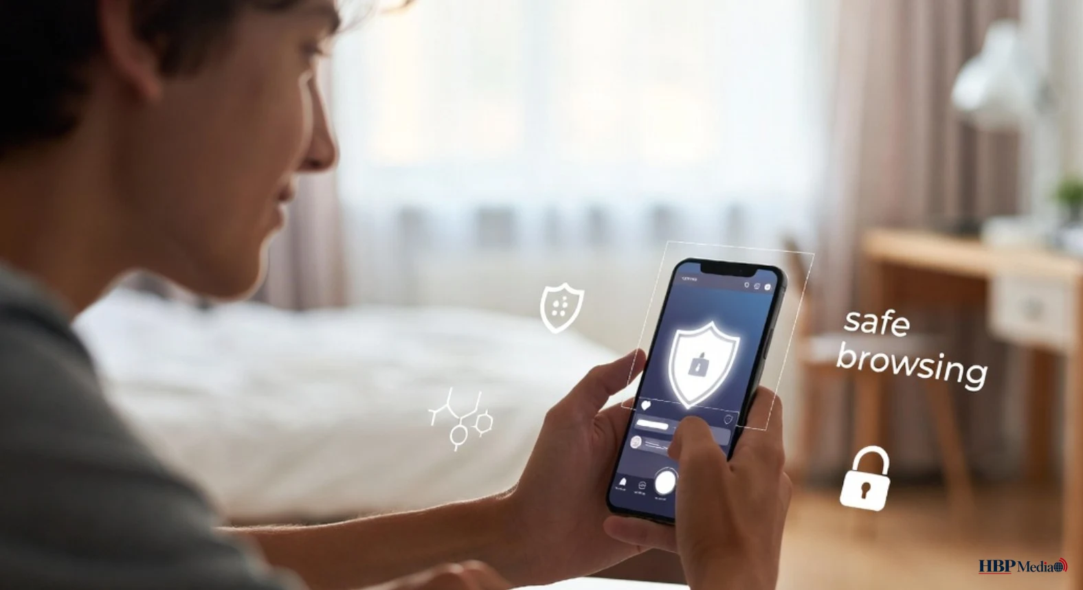 Jongere gebruikt smartphone met toezicht op online veiligheid en bescherming tegen schadelijke content.