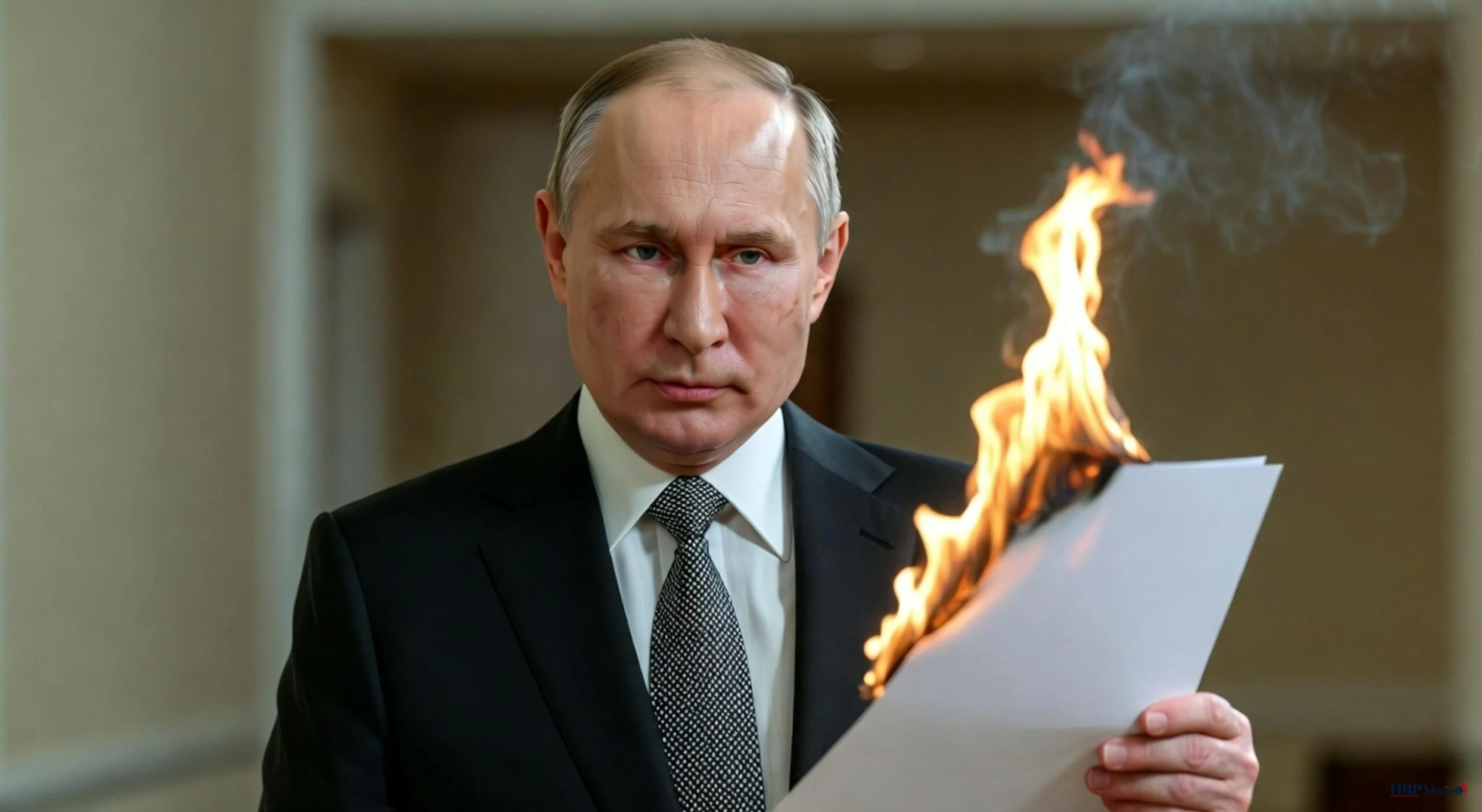 Russische president Poetin tijdens een persmoment, met op de achtergrond de vlaggen van Rusland, Oekraïne en de NAVO als symbool voor het geschonden recht op vrije bondgenootschapskeuze.