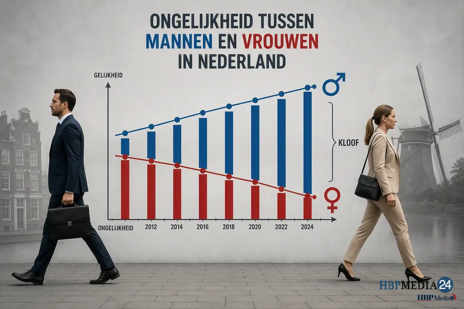 Werkende man en vrouw lopen in tegenovergestelde richting langs een grafiek die de groeiende ongelijkheid tussen mannen en vrouwen in Nederland symboliseert.