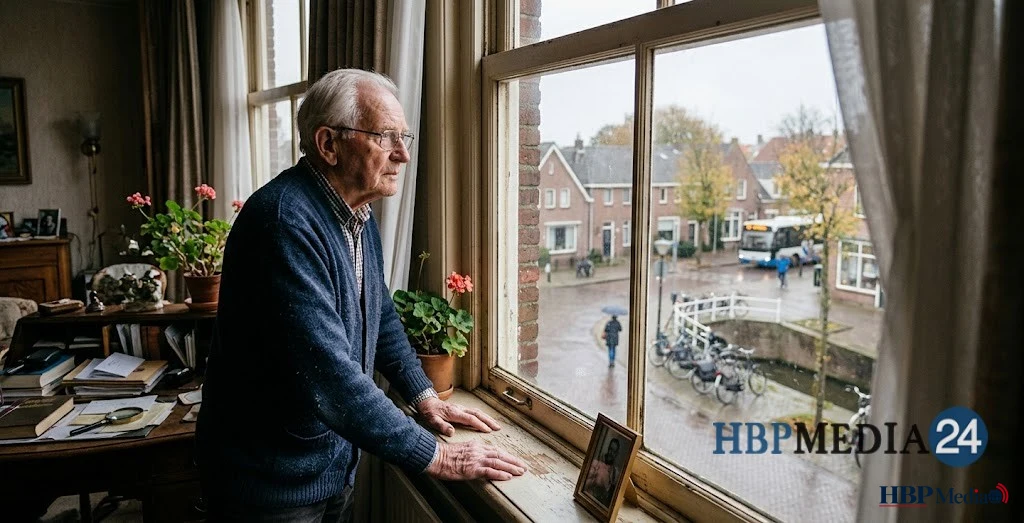 Oudere bewoner kijkt uit het raam van een woning die minder passend wordt.
