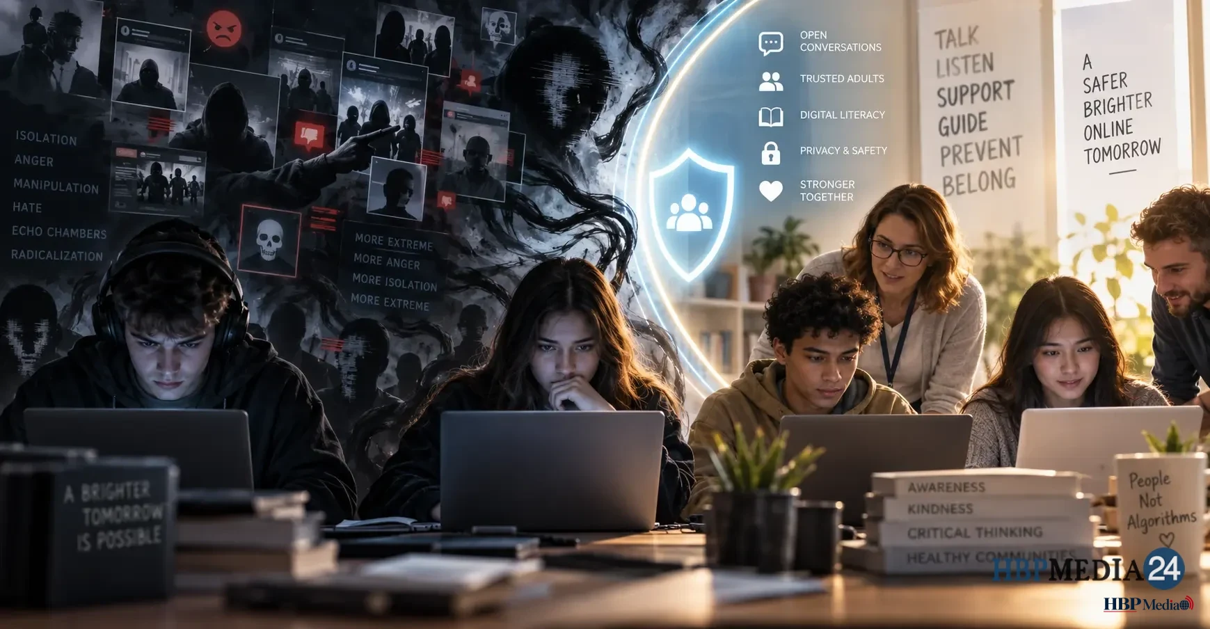 Jongeren achter computer als symbool voor online radicalisering en preventie