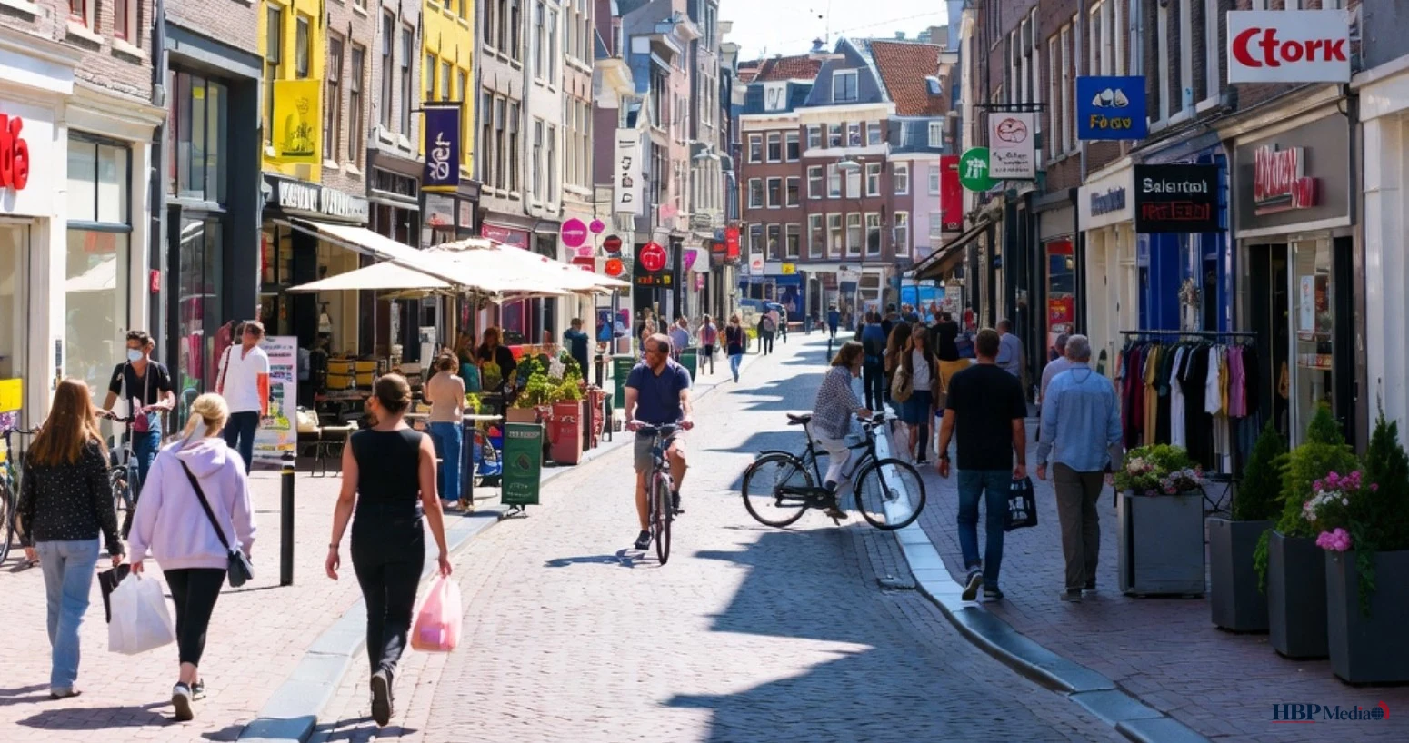 Consumenten doen boodschappen in een winkelstraat