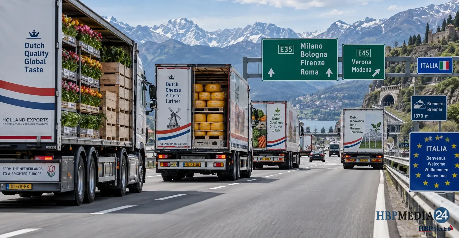Vrachtwagens onderweg met Nederlandse exportgoederen richting Italië