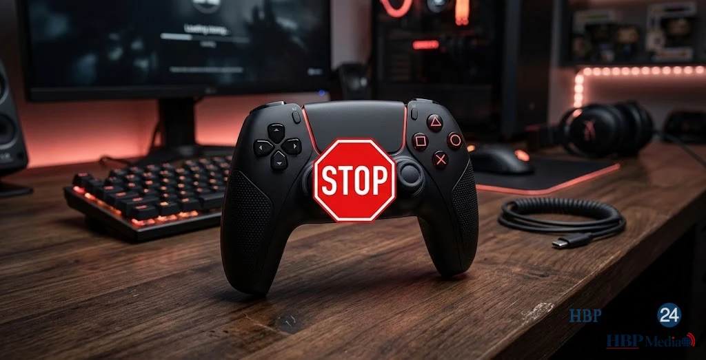 Een game controller met een stopteken erop.