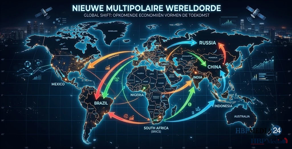 Wereldkaart met pijlen die wijzen naar opkomende economieën als symbool voor een nieuwe multipolaire wereldorde.