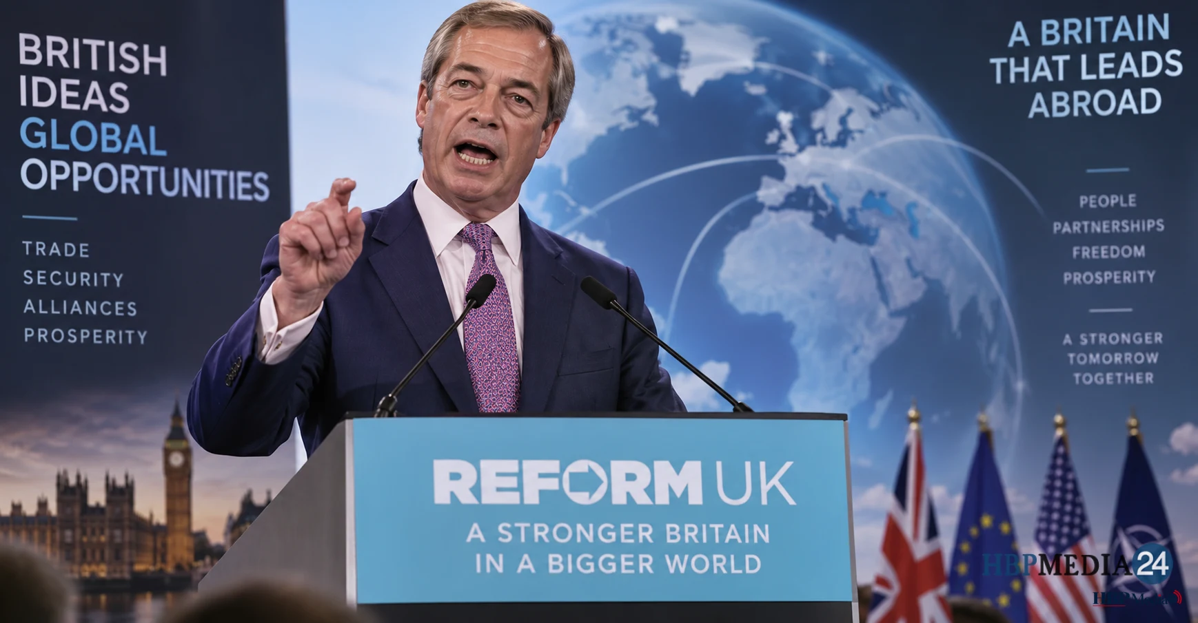 Nigel Farage tijdens een politieke toespraak over zijn internationale ambities