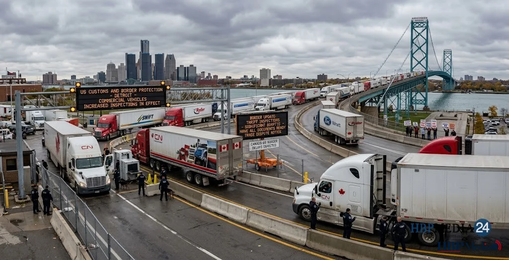 Vrachtverkeer aan de grens tussen Canada en de Verenigde Staten tijdens een handelsconflict.